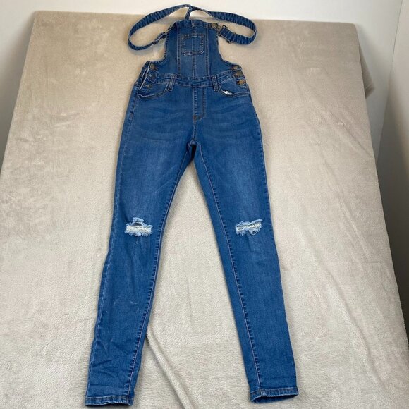 Love Moda Women's Overalls Small Bib Skinny Distressed Casual Y25 Blue Denim - Picture 10 of 11